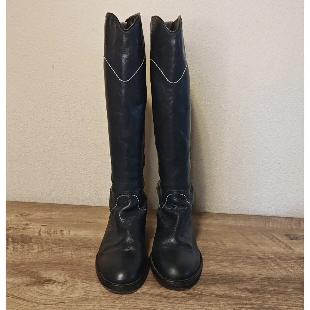 Boden Knee High Boots Womens 41 Navy Blue Leather Contrast Stitch Western AZ192